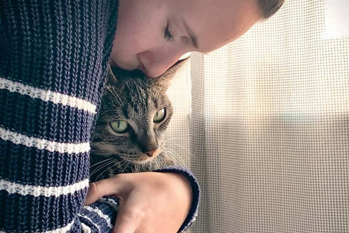 Eine junge Frau hält eine getigerte Katze im Arm und drückt ihr Gesicht in ihr Fell