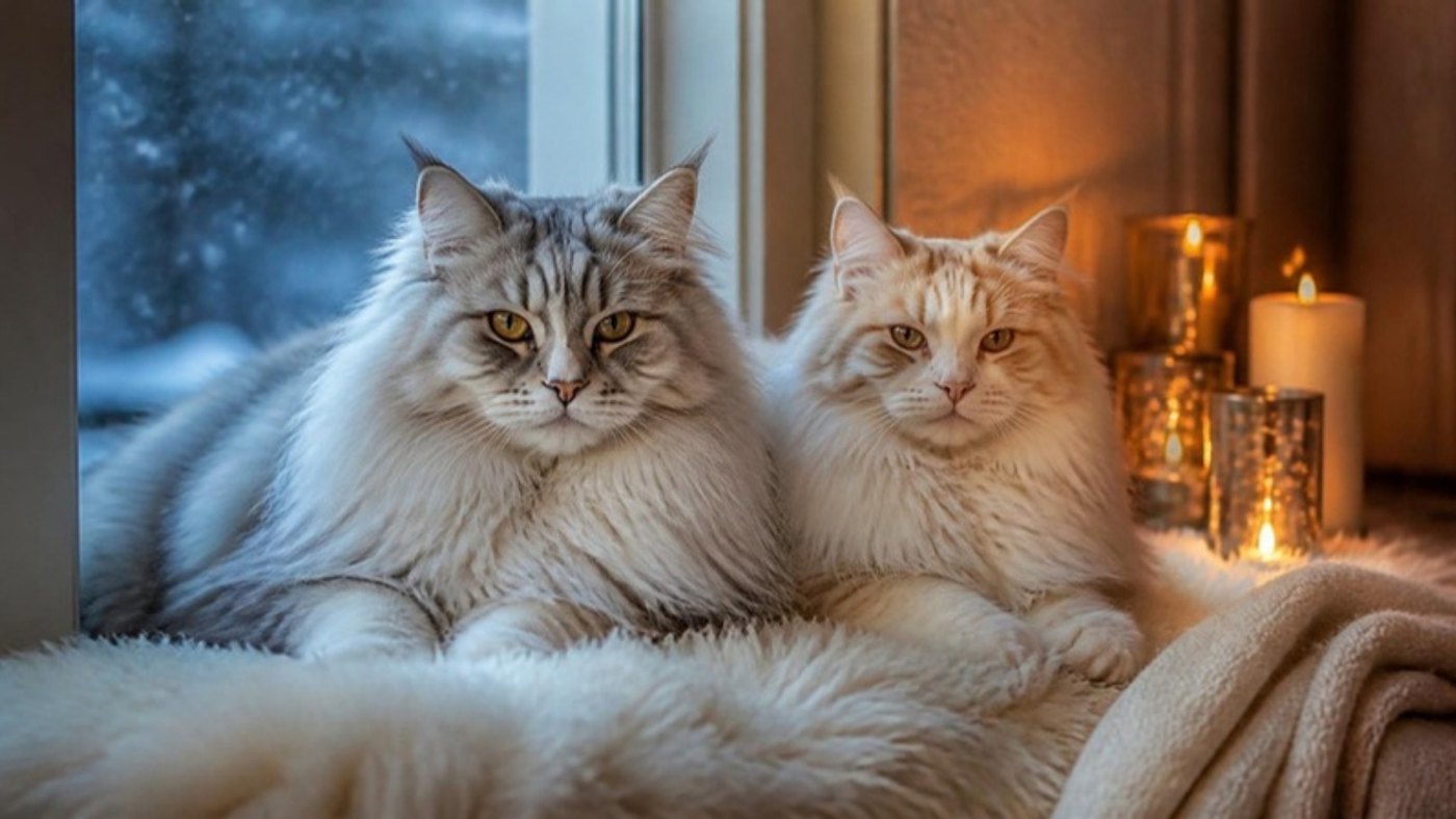 Zwei Norwegische Waldkatzen an einem Winterfenster