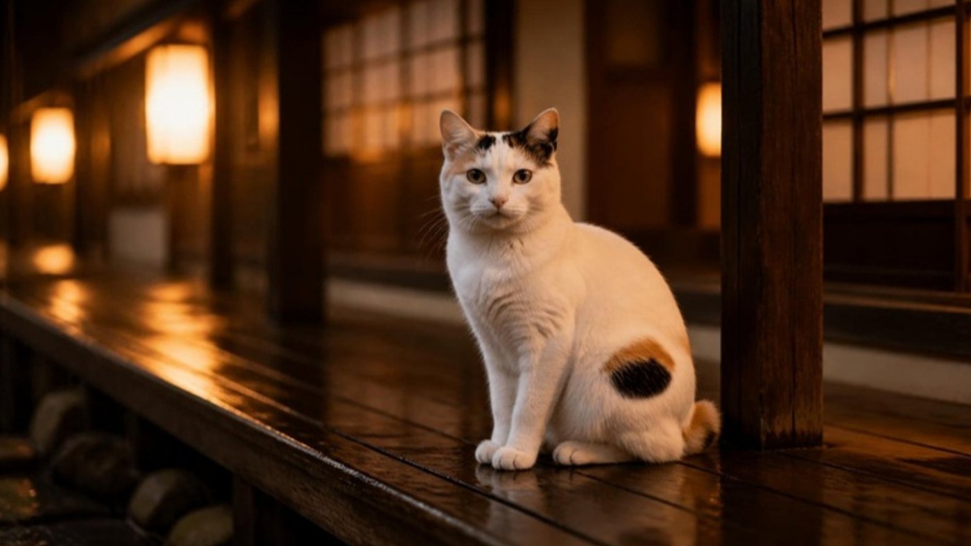 Eine weiße Japanese Bobtail sitzt am Abend im Regen auf einer Holzveranda