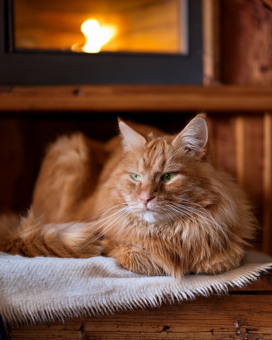 Goldfarbene Waldkatze auf einer Wolldecke im Kerzenlicht