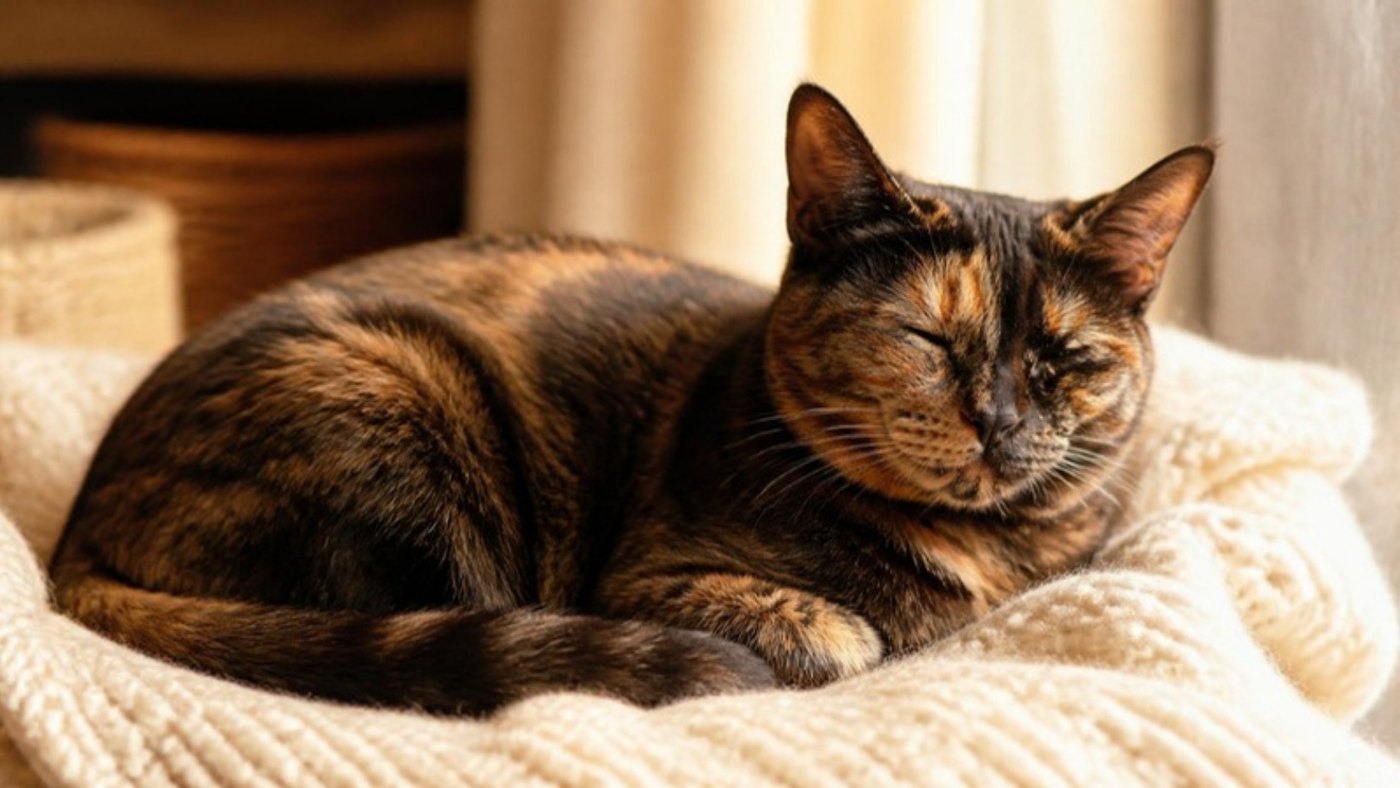 Eine Schildpattkatze schläft zusammengerollt auf einer cremefarbenen Strickdecke