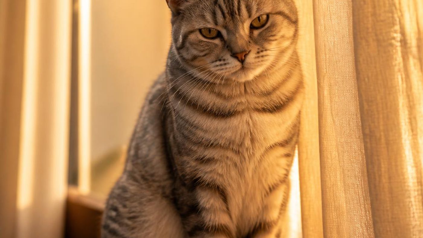 Eine silberne Tigerkatze am sonnigen Vorhang, ihre Schnurrhaare fangen das Licht
